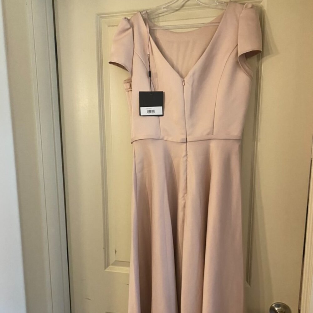 NWT Mac Duggal Rose Pink Satin Puff Shoulder Tea Length Dress size 8